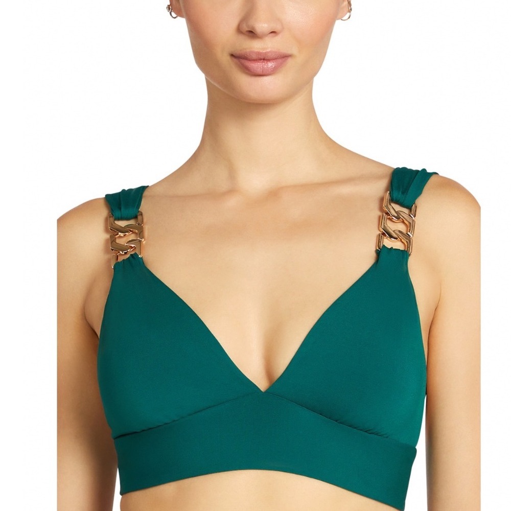 Robin Piccone Jane V Neck Plunge Bikini Top Malachite Green Gold Chain Large